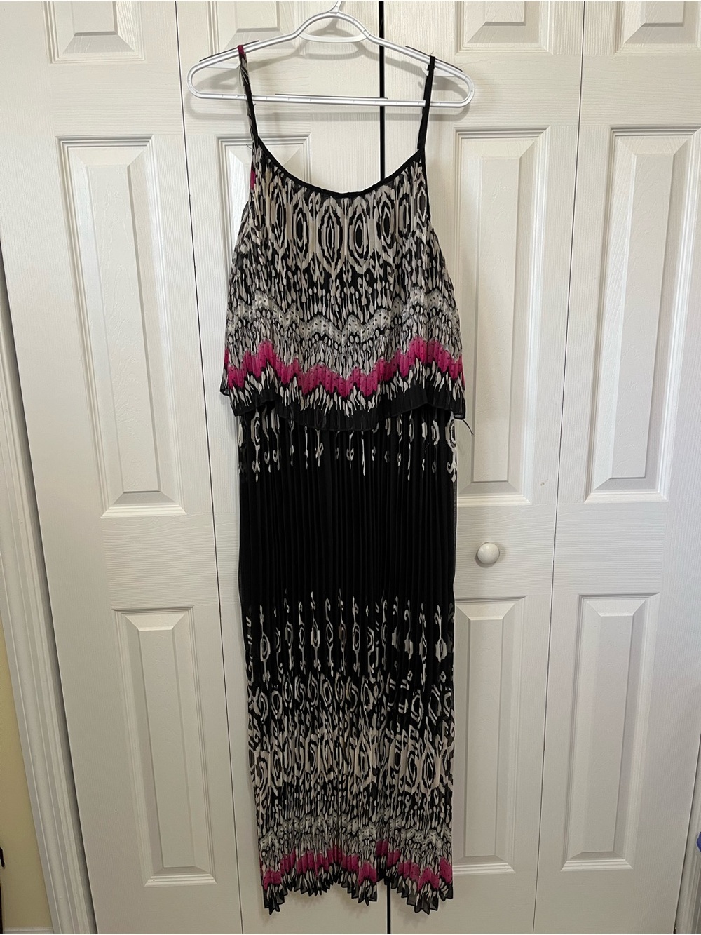 Magic Black & White Printed Maxi Dress with Pink Trim
